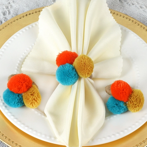 Handmade Napkin Rings With Colorful Plush Pom Poms And Jute Rope For Christmas Party Table Decoration Bohemian Style