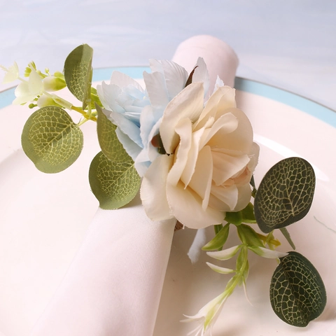 Handmade Simulation Flower Napkin Ring Rose Eucalyptus Table Decor For Wedding Banquet Hotel Party Valentine