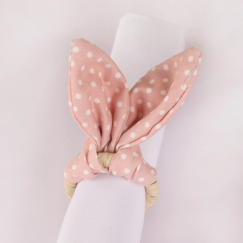 Rond De Serviette Oreille De Lapin Fait Main Tissu Rose À Pois Anneau Tissé Décoration Table Pour Pâques