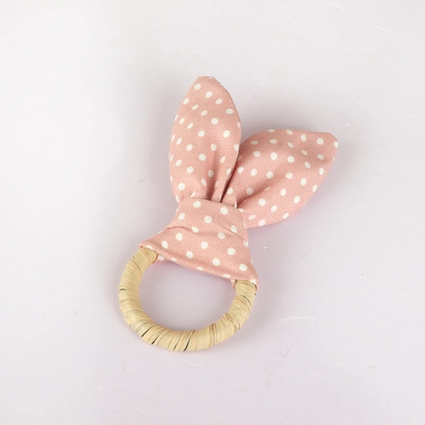 Rond De Serviette Oreille De Lapin Fait Main Tissu Rose À Pois Anneau Tissé Décoration Table Pour Pâques