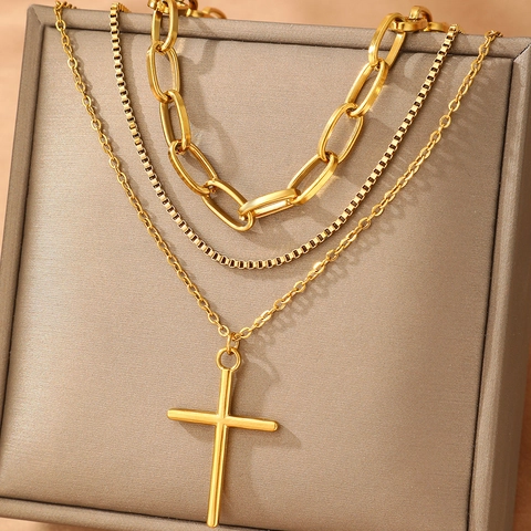 Collier Multi Rang En Acier Inoxydable Avec Pendentif Croix Chaîne Maille Vénitienne Bijoux Religieux Pour Femmes