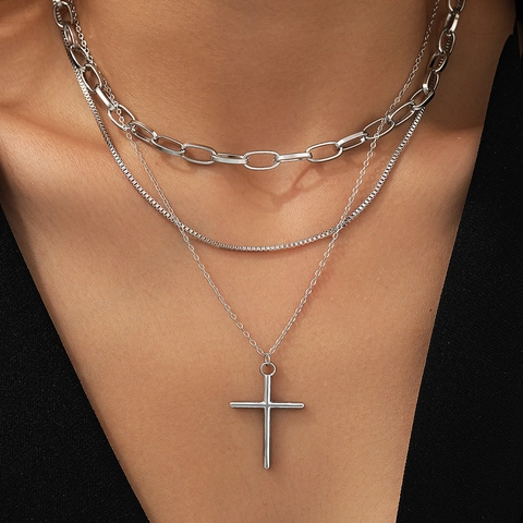 Collier Multi Rang En Acier Inoxydable Avec Pendentif Croix Chaîne Maille Vénitienne Bijoux Religieux Pour Femmes