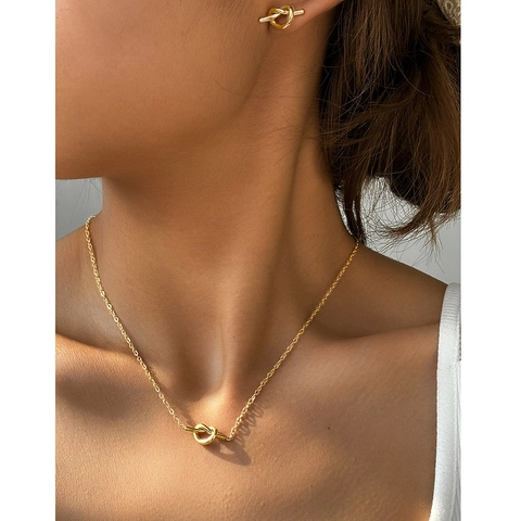 Knot Heart Necklace And Stud Earrings Stainless Steel 18K Gold Plated Minimalist Niche Sweet Elegant Women