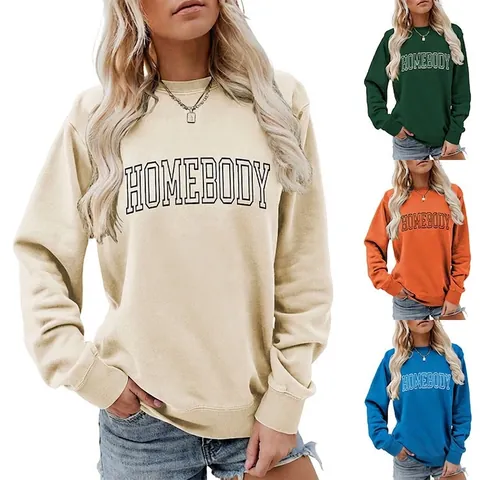 Dames Ronde Hals Lange Mouwen Sweatshirt Katoenmix Losse Pasvorm Casual Letterprint Homebody Vintage Pullover Top