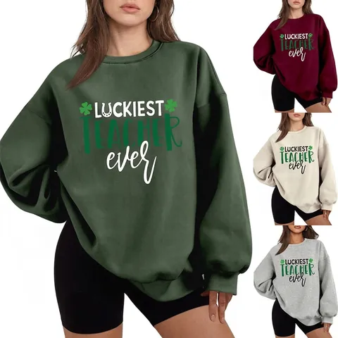 Luckiest Teacher Ever Sweatshirt For Women Fleece Lined Round Neck Long Sleeve Pullover Shamrock Printed Warm Casual Top