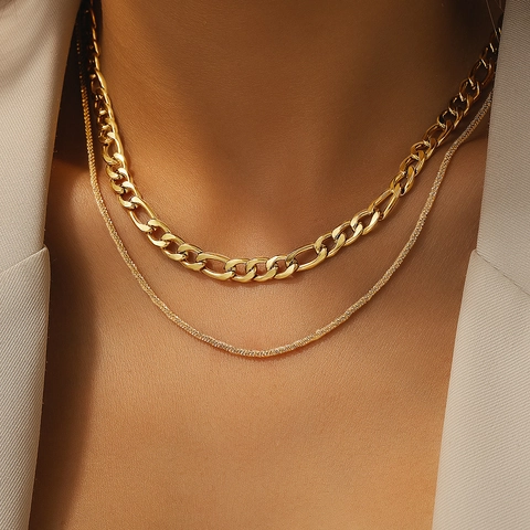 Double Layer Stainless Steel Chain Necklace Gold Silver Plated Chunky Cuban Figaro Chain Hip Hop Jewelry For Women