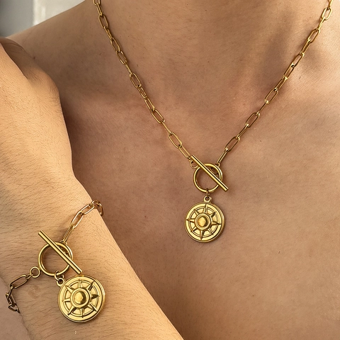 Collier Et Bracelet En Acier Inoxydable Pendentif Étoile Octogramme Chaîne À Trombones Fermoir À Bascule Vintage Punk Pour Femmes