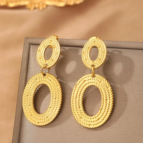 Orecchini Pendenti A Doppio Ovale Texture Intrecciata Acciaio Inossidabile Gioielli Geometrici Retro Per Donne Accessorio