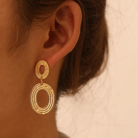 Orecchini Pendenti A Doppio Ovale Texture Intrecciata Acciaio Inossidabile Gioielli Geometrici Retro Per Donne Accessorio