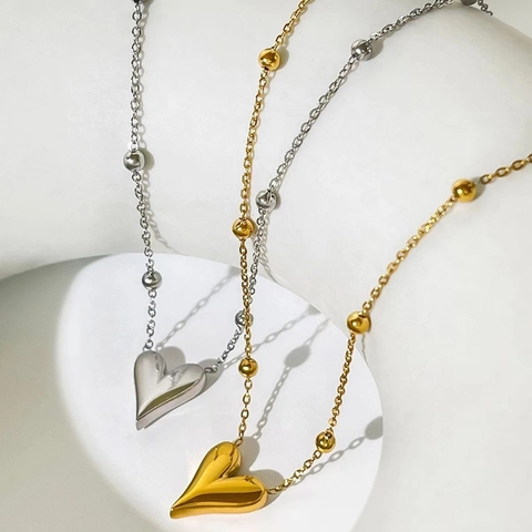 Heart Pendant Necklace Gold Plated Titanium Steel Solid Heart Beaded Chain Minimalist Fashion Jewelry For Women