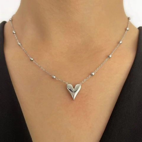 Collar Con Colgante De Corazón De Acero Inoxidable Minimalista 3D Pulido Espejo Cadena De Satélite Para Mujer