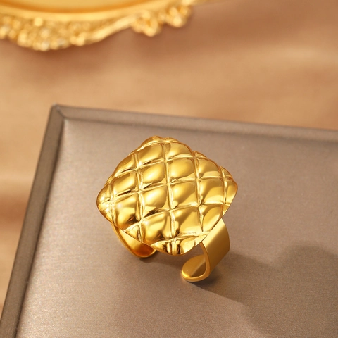 Bague En Acier Inoxydable Matelassee Elegante Carre Geometrique Motif Matelassee Ouverte Reglable Bijoux Style Francais