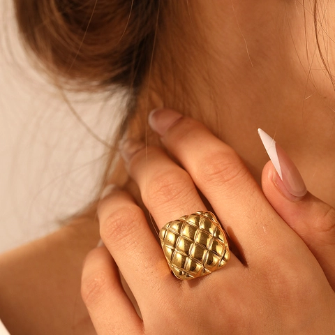 Bague En Acier Inoxydable Matelassee Elegante Carre Geometrique Motif Matelassee Ouverte Reglable Bijoux Style Francais