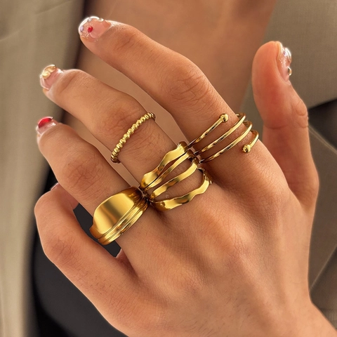 Irregular Wavy Stainless Steel Rings Adjustable Open Rings Minimalist Beaded Jewelry Trendy Accessories For Women