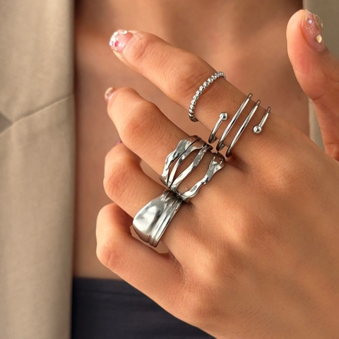 Irregular Wavy Stainless Steel Rings Adjustable Open Rings Minimalist Beaded Jewelry Trendy Accessories For Women