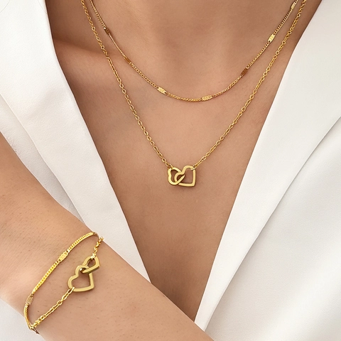Collana E Bracciale Doppio Strato Gioielli Acciaio Inossidabile Cuori Intrecciati Moda Regalo San Valentino Donne