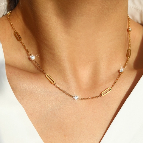 Elegante Collana in Acciaio Inossidabile con Zirconia per Donna Placcata Oro Argento Geometrica Ovale Tonda Catena Gioielli di Moda
