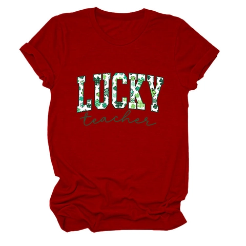 Women Lucky Teacher T-Shirt St Patrick Day Shamrock Clover Print Cotton Blend Short Sleeve Round Neck Casual Loose Top