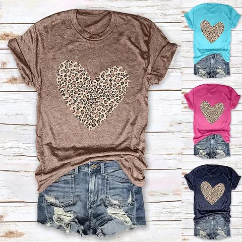 Camiseta De Mujer Con Estampado De Corazón De Leopardo Mezcla De Algodón Manga Corte Cuello Redondo Top Casual