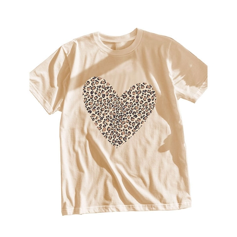 Camiseta De Mujer Con Estampado De Corazón De Leopardo Mezcla De Algodón Manga Corte Cuello Redondo Top Casual