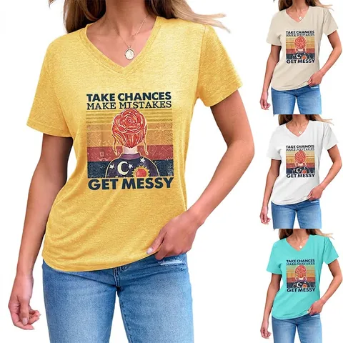 T-Shirt Da Donna Con Scollo A V In Misto Cotone A Maniche Corte Stampa Grafica Retro Top Estivo Casual
