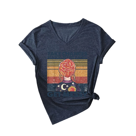 T-Shirt Da Donna Con Scollo A V In Misto Cotone A Maniche Corte Stampa Grafica Retro Top Estivo Casual