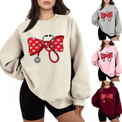Damen Sweatshirt Stethoskop Herz Schleife Druck Locker Rundhals Langarm Fleece Gefüttert Pullover Freizeit Top