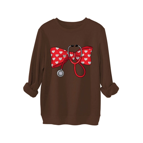 Damen Sweatshirt Stethoskop Herz Schleife Druck Locker Rundhals Langarm Fleece Gefüttert Pullover Freizeit Top