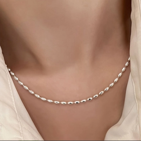 Collana A Catena Minimalista In Acciaio Inossidabile Con Perle Di Oliva Per Donna Girocollo Elegante Con Perle Di Riso Ovali Lucide