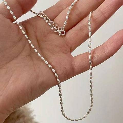 Collana A Catena Minimalista In Acciaio Inossidabile Con Perle Di Oliva Per Donna Girocollo Elegante Con Perle Di Riso Ovali Lucide