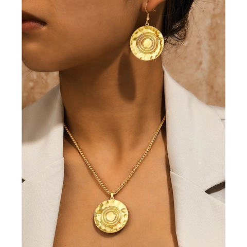 Ensemble De Bijoux Collier Boucles D'oreilles Acier Inoxydable Texture Martelée Disque Rond Plié Abstrait Tendance Femmes