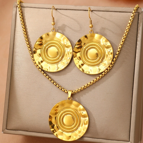 Ensemble De Bijoux Collier Boucles D'oreilles Acier Inoxydable Texture Martelée Disque Rond Plié Abstrait Tendance Femmes