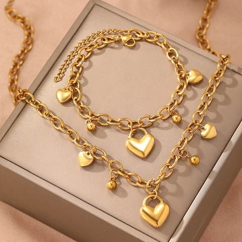 Stainless Steel Heart Pendant Puffy Heart Charms Round Beads Rolo Chain Necklace And Bracelet For Women Korean Style