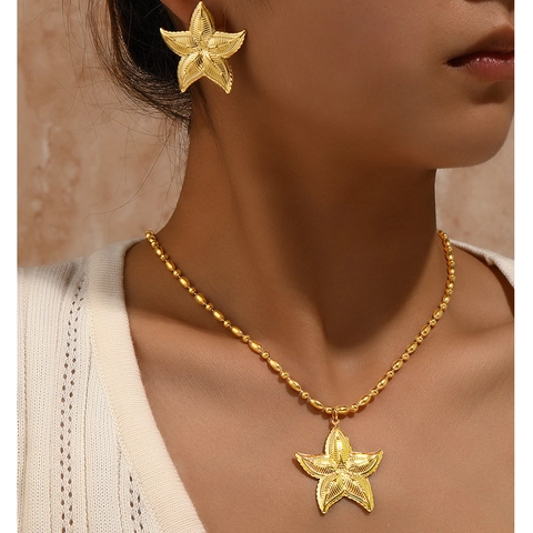 Starfish Jewelry Necklace And Earrings Stainless Steel Textured Ocean Theme Delicate For Women Vacation