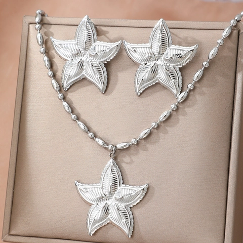 Gioielli Stella Marina Collana E Orecchini Acciaio Inossidabile Texture Oceano Delicato Per Donna Vacanze