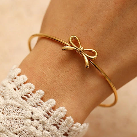 Minimalist Bowknot Bangle Bracelet Stainless Steel Adjustable Open Cuff Jewelry For Women Girls Elegant Korean Style Gift