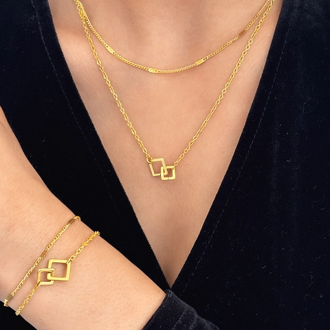 Stainless Steel Double Layer Interlocking Geometric Square Necklace And Bracelet Fashion Jewelry Gift For Women