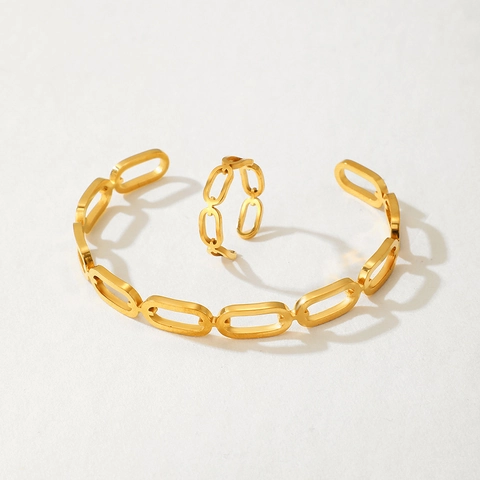 Stainless Steel Bracelet And Ring Set Hollow Oval Chain Link Open Adjustable Geometric Elegant Gold Plated Women