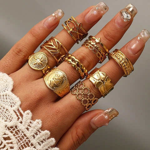 Vintage Stainless Steel Open Adjustable Ring For Women Gold Silver Portrait Coin Leaf Star Geometric Statement Jewelry