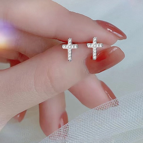 Pendientes de Botón de Cruz de Acero Inoxidable Minimalista Con Zirconia Blanca Incrustada Chapados en Oro Plata Joyería Religiosa Para Mujer