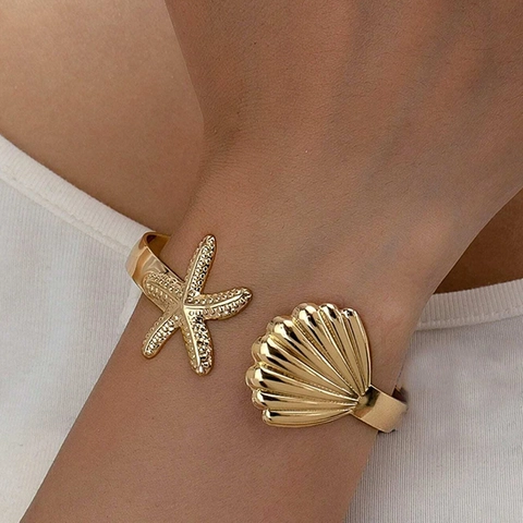 Edelstahl Seestern Muschel Offener Armreif Verstellbar Ozean Strand Marine Mode Schmuck Für Damen