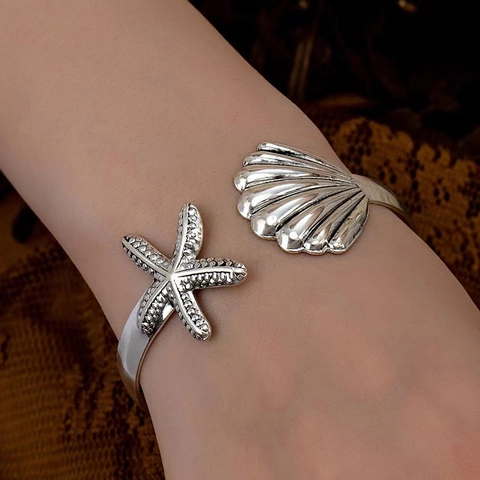 Edelstahl Seestern Muschel Offener Armreif Verstellbar Ozean Strand Marine Mode Schmuck Für Damen