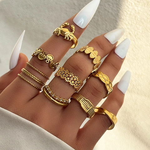 Vintage Stainless Steel Open Adjustable Ring For Women Men Gold Silver Plated Leaf Crab Geometric Hollow Fashion Hand Jewelry