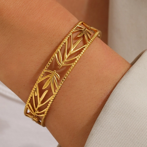 Hohl Blatt Edelstahl Manschette Armband Perlenkante Verstellbarer Offener Armreif Schmuck Für Frauen