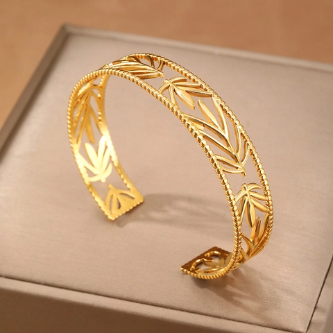 Hohl Blatt Edelstahl Manschette Armband Perlenkante Verstellbarer Offener Armreif Schmuck Für Frauen