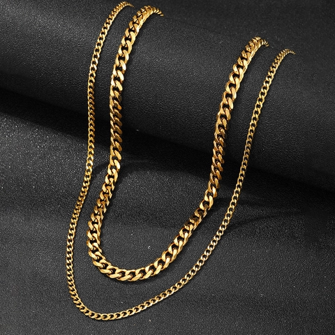 Double Layer Cuban Chain Necklace Stainless Steel Six Sided Polished Hip Hop Streetwear Jewelry For Men Women