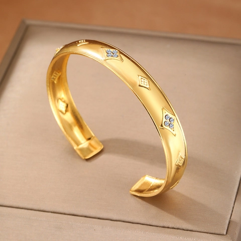 Brazalete De Puño Acero Inoxidable Chapado En Oro De 18K Ajustable Patrón De Flores Romboidales Circón Geométrico Mujeres