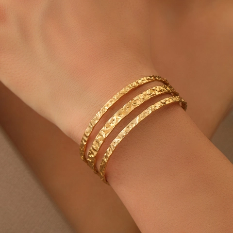 Hammered Stainless Steel Triple Row Cuff Bangle Adjustable Open Bracelet Minimalist Fashion Jewelry For Women