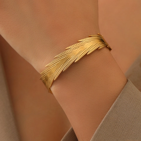 Feather Open Bangle Bracelet Stainless Steel Adjustable Wide Vintage Boho Jewelry For Women