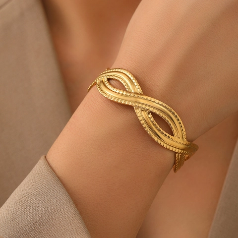 Geometrische Holle Infinity Bangle Roestvrij Staal Open Manchetarmband Met Getextureerde Kralenrand Mode Sieraden